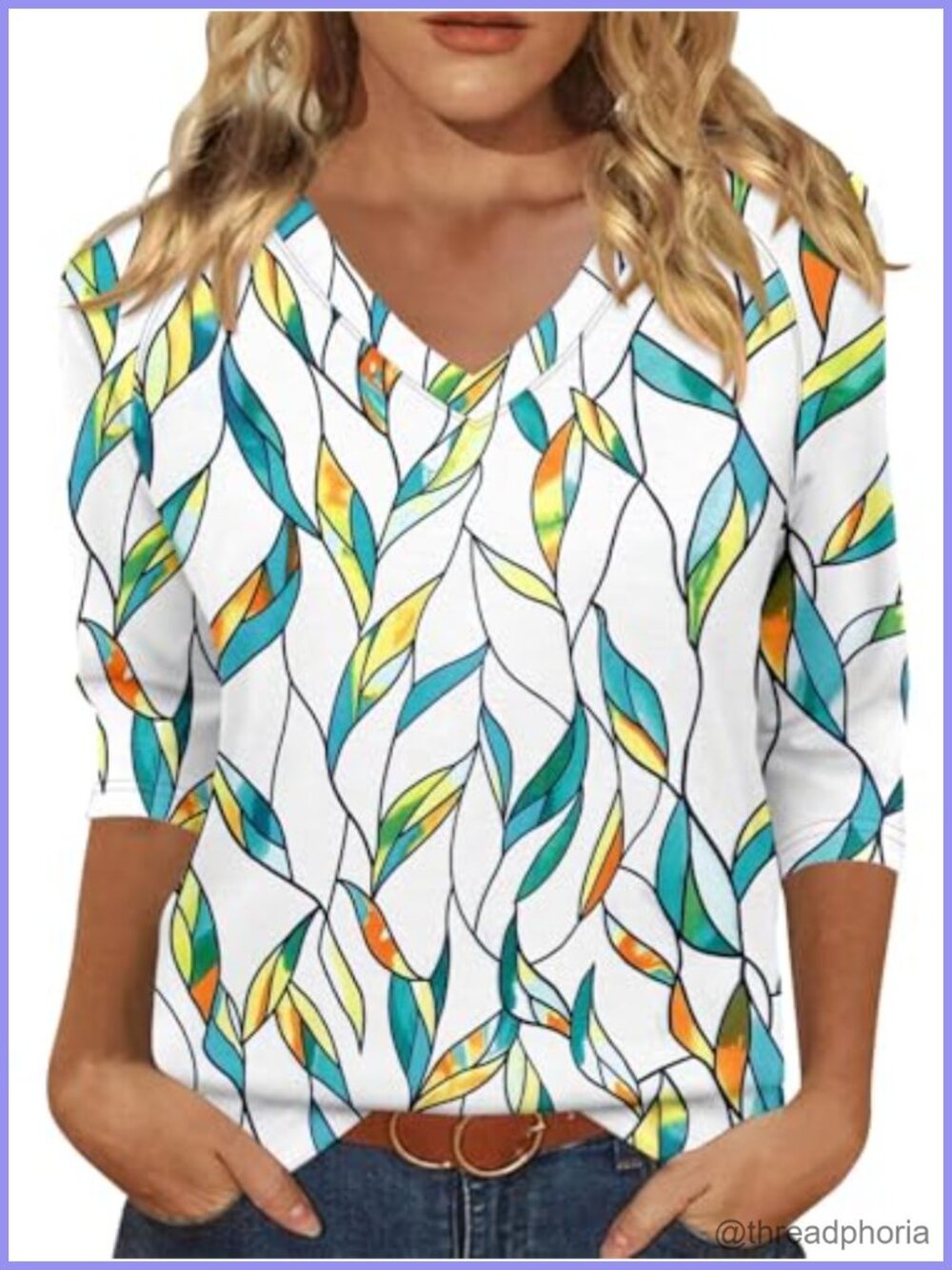 Womens 3/4 Sleeve Floral V-Neck Tunic Blouse Loose Fit Business Top